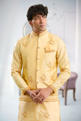 Yellow art silk embroidery kurta pajama and jacket set 3