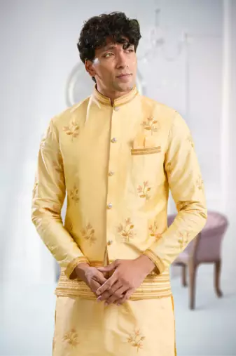 Yellow art silk embroidery kurta pajama and jacket set