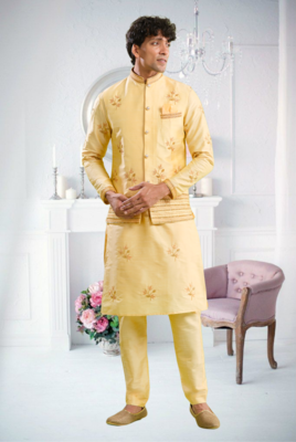 Yellow art silk embroidery kurta pajama and jacket set 4