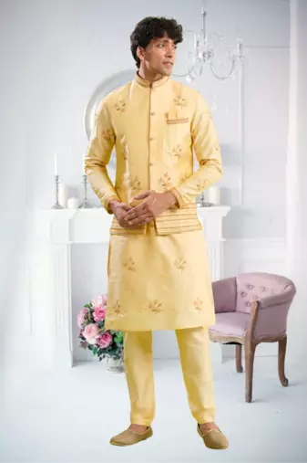 Yellow art silk embroidery kurta pajama and jacket set