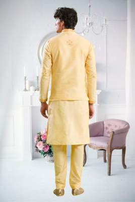 Yellow art silk embroidery kurta pajama and jacket set 5