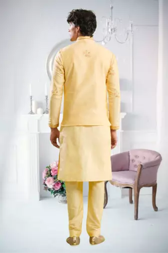 Yellow art silk embroidery kurta pajama and jacket set