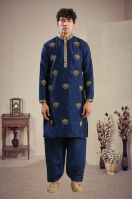 Blue art silk embroidery kurta with pajama 1