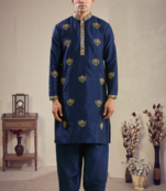 Blue art silk embroidery kurta with pajama