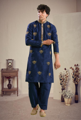 Blue art silk embroidery kurta with pajama 2