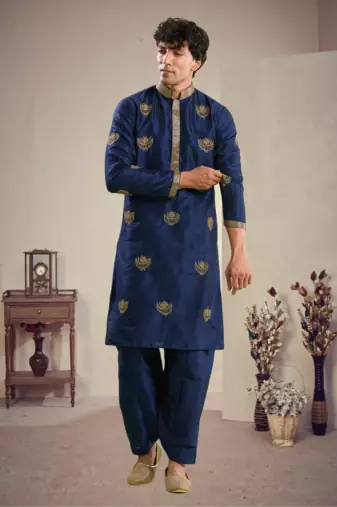 Blue art silk embroidery kurta with pajama