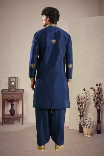 Blue art silk embroidery kurta with pajama