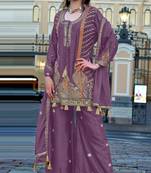 Mauve premium embroidered and handwork chinon semi stitched salwar suit