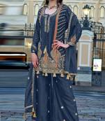 Dark teal premium embroidered and handwork chinon semi stitched salwar suit