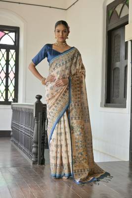 Blue Soft Tussar Silk Saree With Madhubani Printed Border And Pallu With Blouse 1