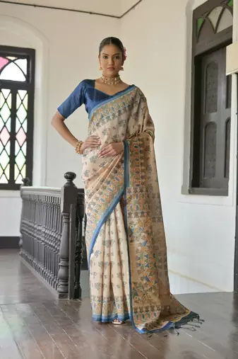 Blue Soft Tussar Silk Saree With Madhubani Printed Border And Pallu With Blouse