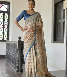 Blue Soft Tussar Silk Saree With Madhubani Printed Border And Pallu With Blouse