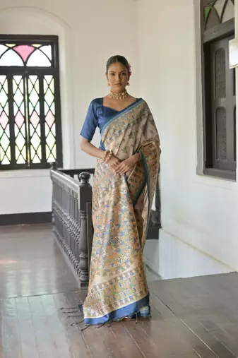 Blue Soft Tussar Silk Saree With Madhubani Printed Border And Pallu With Blouse