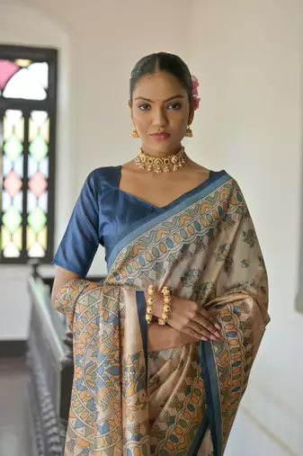 Blue Soft Tussar Silk Saree With Madhubani Printed Border And Pallu With Blouse