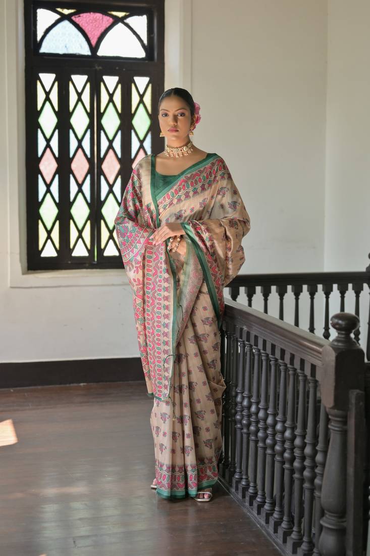 Green Soft Tussar Silk Saree With Madhubani Printed Border And Pallu With Blouse