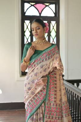 Green Soft Tussar Silk Saree With Madhubani Printed Border And Pallu With Blouse 3