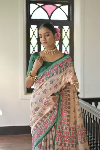 Green Soft Tussar Silk Saree With Madhubani Printed Border And Pallu With Blouse