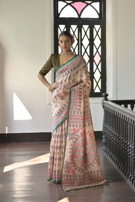 Mehendi Soft Tussar Silk Saree With Madhubani Printed Border And Pallu With Blouse 1