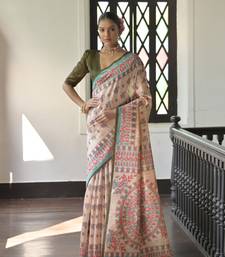 Mehendi Soft Tussar Silk Saree With Madhubani Printed Border And Pallu With Blouse