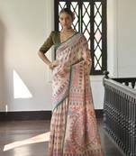 Mehendi Soft Tussar Silk Saree With Madhubani Printed Border And Pallu With Blouse