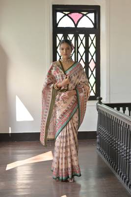 Mehendi Soft Tussar Silk Saree With Madhubani Printed Border And Pallu With Blouse 2