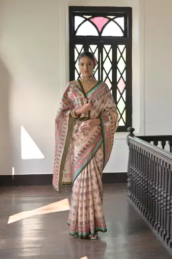 Mehendi Soft Tussar Silk Saree With Madhubani Printed Border And Pallu With Blouse