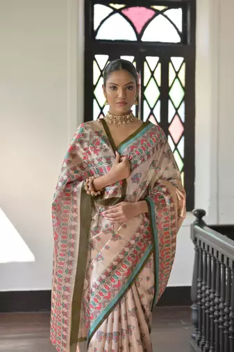 Mehendi Soft Tussar Silk Saree With Madhubani Printed Border And Pallu With Blouse