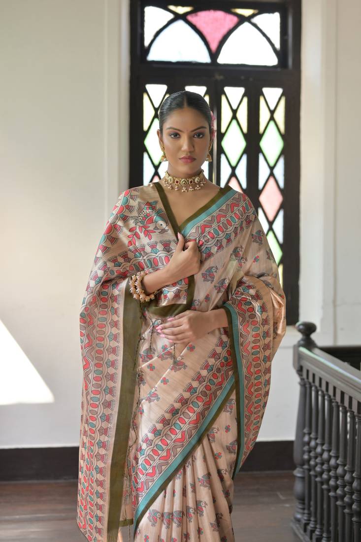 Mehendi Soft Tussar Silk Saree With Madhubani Printed Border And Pallu With Blouse