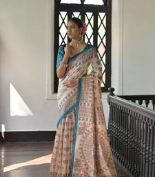 Rama Soft Tussar Silk Saree With Madhubani Printed Border And Pallu With Blouse