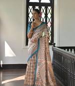 Rama Soft Tussar Silk Saree With Madhubani Printed Border And Pallu With Blouse
