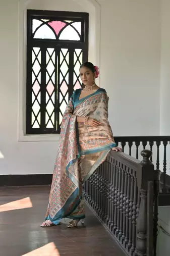 Rama Soft Tussar Silk Saree With Madhubani Printed Border And Pallu With Blouse
