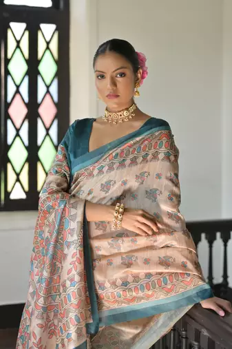 Rama Soft Tussar Silk Saree With Madhubani Printed Border And Pallu With Blouse