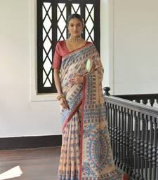 Red Soft Tussar Silk Saree With Madhubani Printed Border And Pallu With Blouse