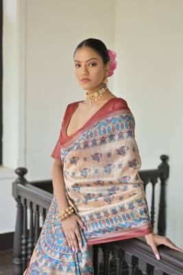Red Soft Tussar Silk Saree With Madhubani Printed Border And Pallu With Blouse 3