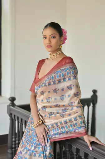 Red Soft Tussar Silk Saree With Madhubani Printed Border And Pallu With Blouse