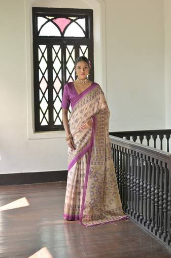 Wine Soft Tussar Silk Saree With Madhubani Printed Border And Pallu With Blouse