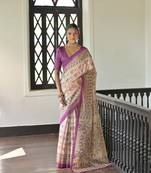 Wine Soft Tussar Silk Saree With Madhubani Printed Border And Pallu With Blouse