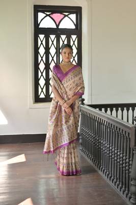 Wine Soft Tussar Silk Saree With Madhubani Printed Border And Pallu With Blouse 2