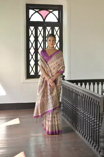 Wine Soft Tussar Silk Saree With Madhubani Printed Border And Pallu With Blouse