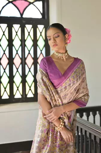Wine Soft Tussar Silk Saree With Madhubani Printed Border And Pallu With Blouse