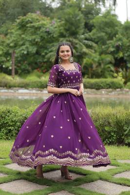 PURPLE  GOWN WITH ATTRACTIVE EMBROIDERED SEQUINS WORK IN GEORGETTE 1