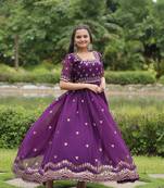 PURPLE  GOWN WITH ATTRACTIVE EMBROIDERED SEQUINS WORK IN GEORGETTE