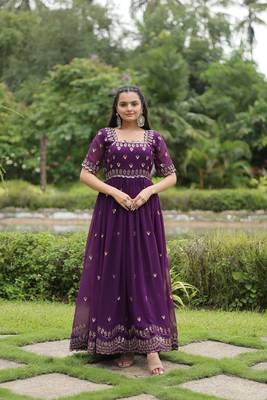 PURPLE  GOWN WITH ATTRACTIVE EMBROIDERED SEQUINS WORK IN GEORGETTE 3