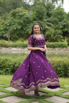PURPLE  GOWN WITH ATTRACTIVE EMBROIDERED SEQUINS WORK IN GEORGETTE 4