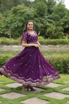 PURPLE  GOWN WITH ATTRACTIVE EMBROIDERED SEQUINS WORK IN GEORGETTE 5