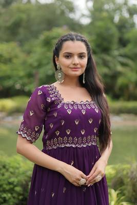PURPLE  GOWN WITH ATTRACTIVE EMBROIDERED SEQUINS WORK IN GEORGETTE 6