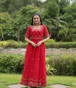 RED GOWN WITH ATTRACTIVE EMBROIDERED SEQUINS WORK IN GEORGETTE