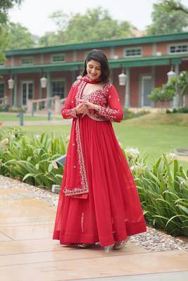 Red georgette sequins zari embroidered flaried gown with heavy dupatta 1