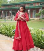 Red georgette sequins zari embroidered flaried gown with heavy dupatta