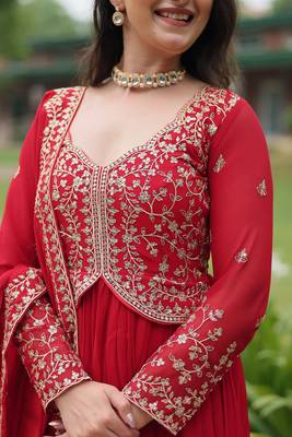 Red georgette sequins zari embroidered flaried gown with heavy dupatta 2